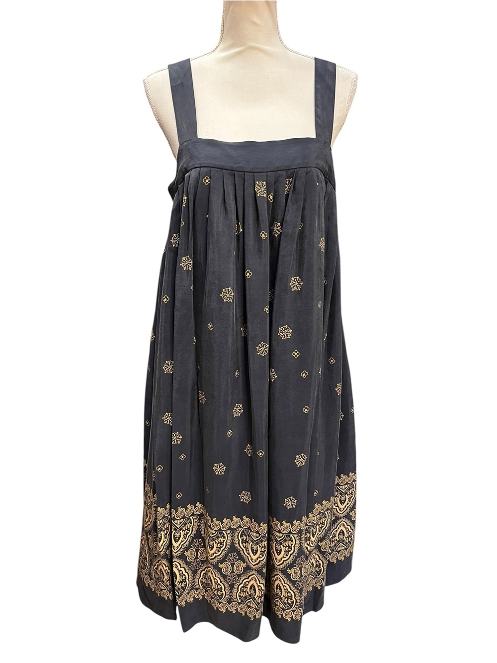 Banana Republic 100% Silk Navy Gold Border Print Belted Dress Size 10 NWT - Picture 2 of 10